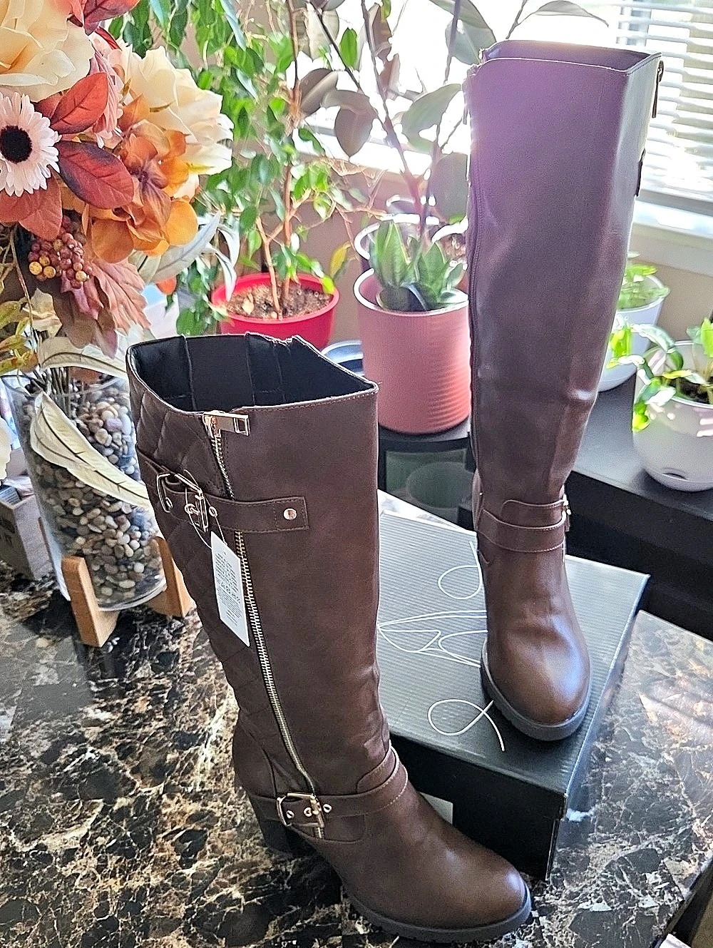 Mysoft Women's Brown Quilted Knee High Riding Boots Block Heel